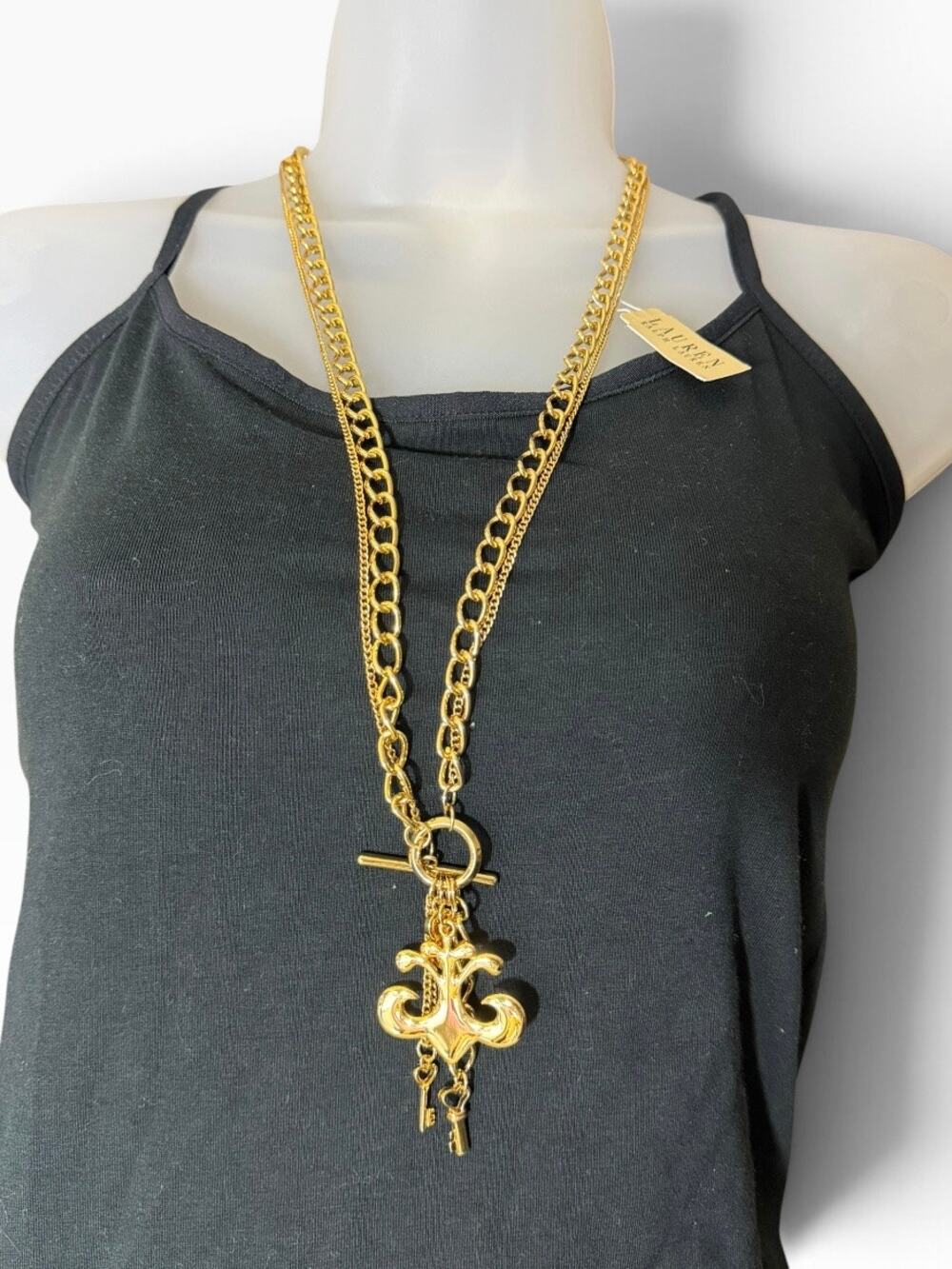 Lauren Ralph Lauren Gold Tone Multi Strand LRL Logo Pendant Necklace NWT